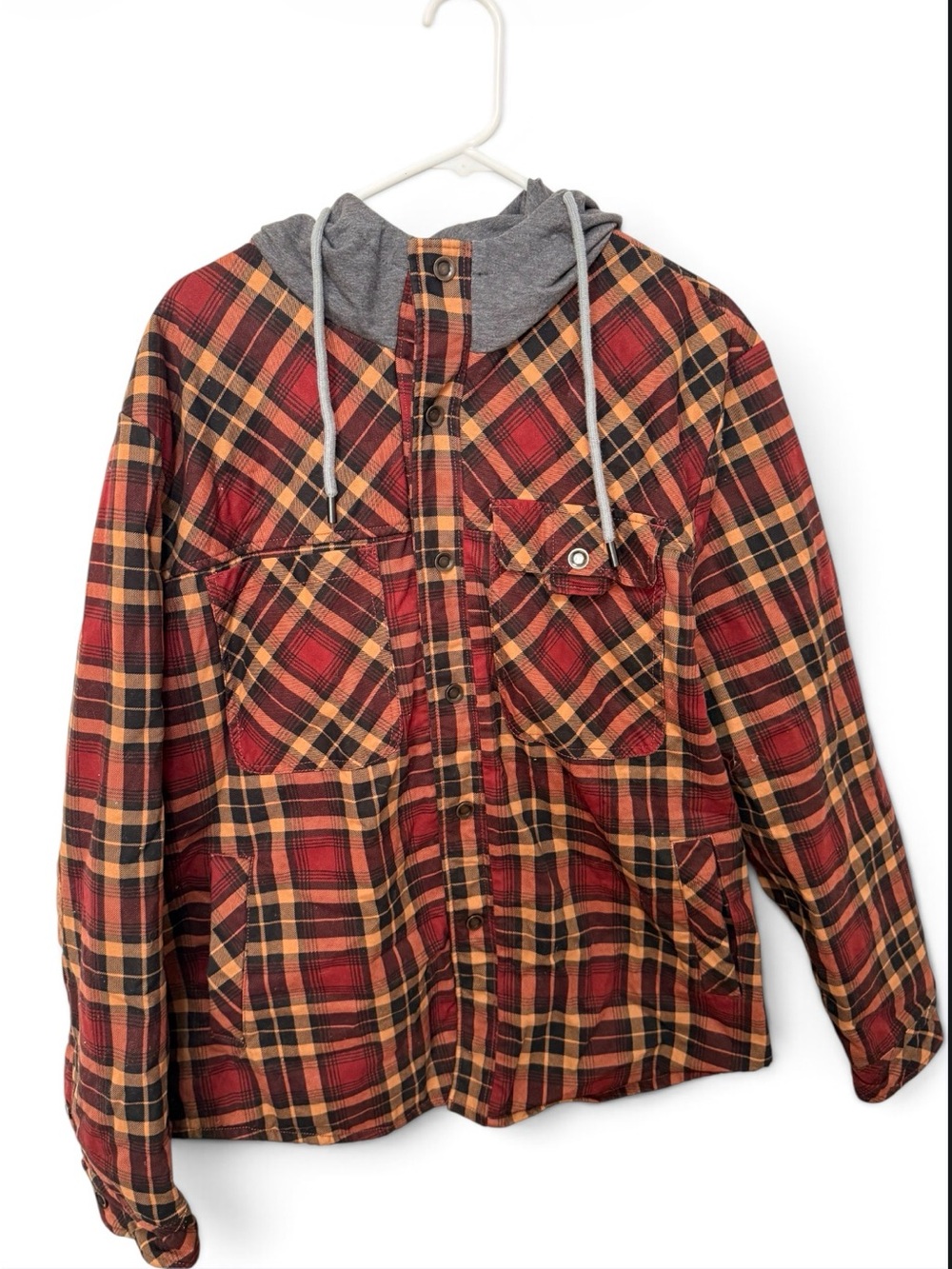 Plaid Hooded Shirt Jacket in Red/Black/Tan